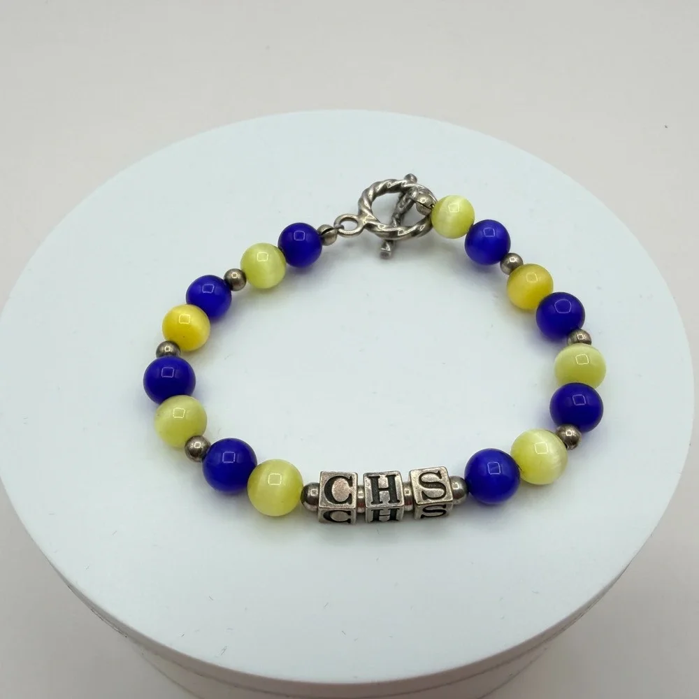 Vintage Y2K Women Silver Tone Toggle Cat Eye Bead CHS‎ Alphabet Bracelet Jewelry